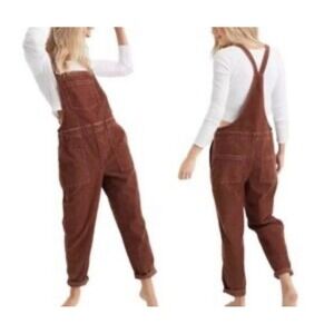 Aerie Werk Play Corduroy Dungarees Overalls Brown Raw Hem Cotton Blend Sz Small